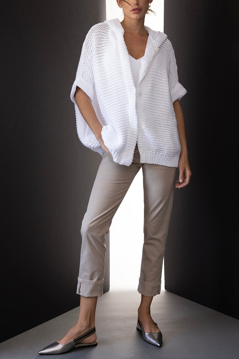 BRUNELLO CUCINELLI-Zip Up Hooded Cardigan - Bianco-