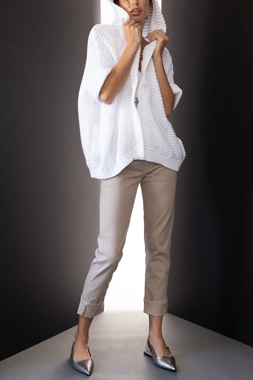 BRUNELLO CUCINELLI-Zip Up Hooded Cardigan - Bianco-