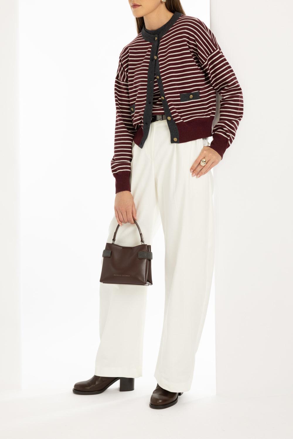 Contrast Trim Striped Cardigan-BURGUNDY/CREAM-XS-CLOTHINGTOPCARDIGAN-BRUNELLO CUCINELLI