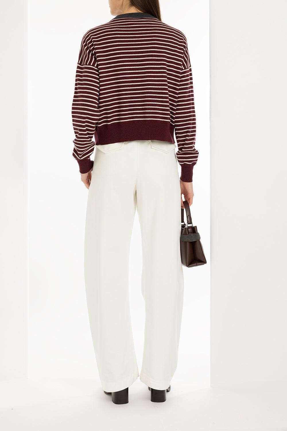 Contrast Trim Striped Cardigan-BURGUNDY/CREAM-XS-CLOTHINGTOPCARDIGAN-BRUNELLO CUCINELLI