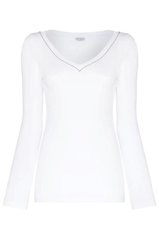 BRUNELLO CUCINELLI-LS Embellished V-Neck Tee-