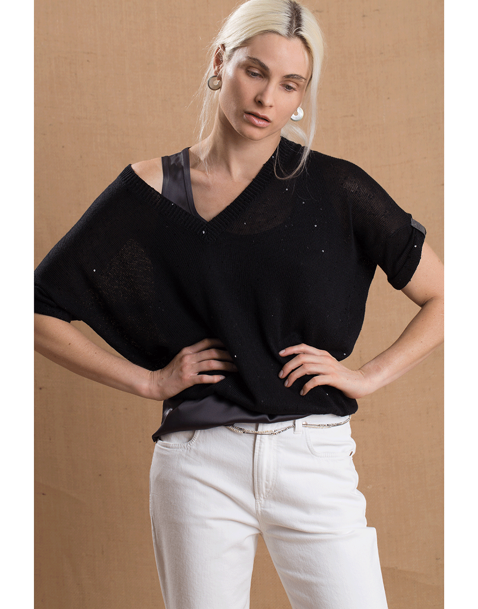 BRUNELLO CUCINELLI-Deep V-Neck Paillette Sweater-