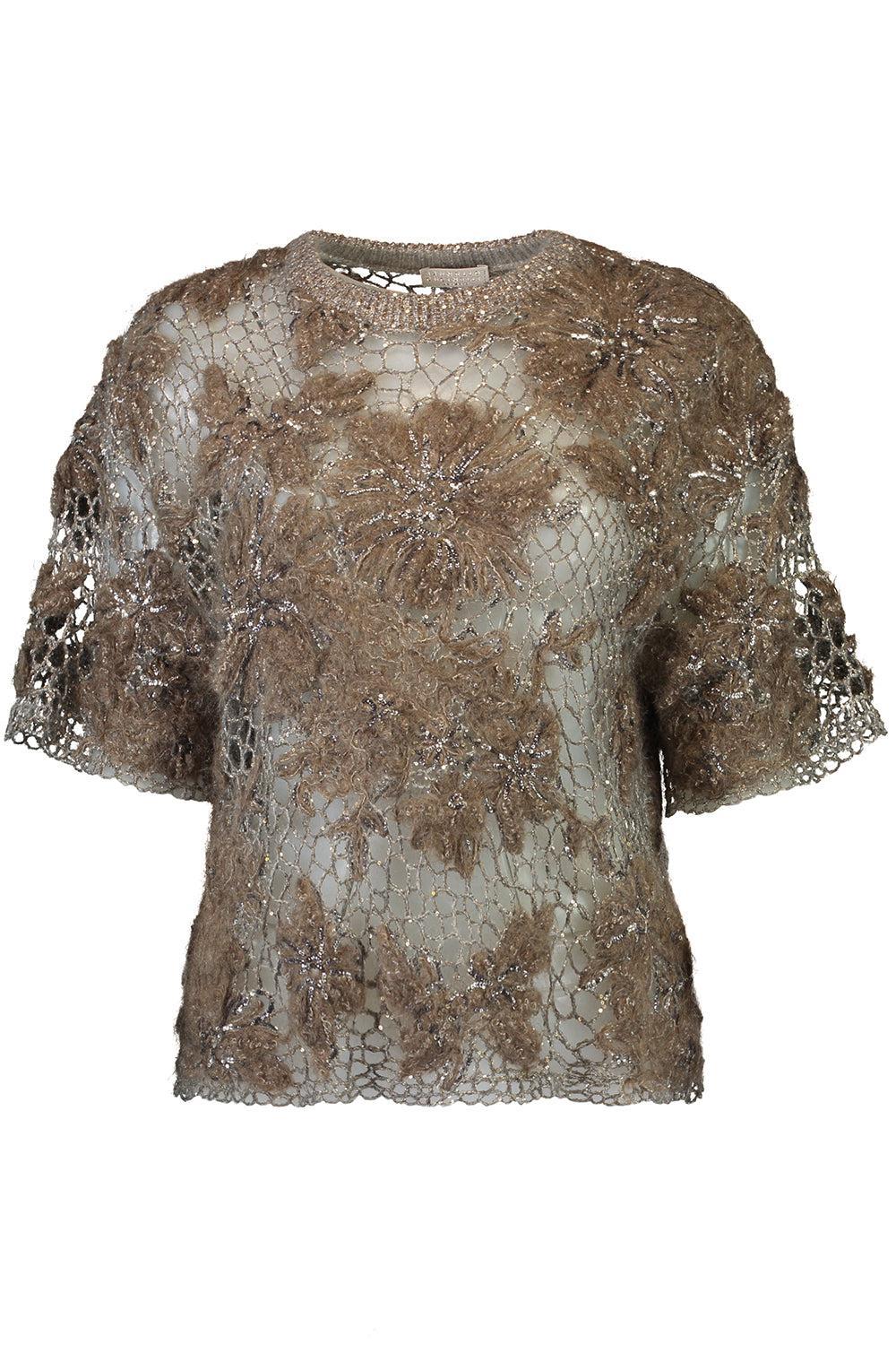 Whispering Bloom Embroidered Couture Knit Top-BROWN-XS-CLOTHINGTOPKNITS-BRUNELLO CUCINELLI