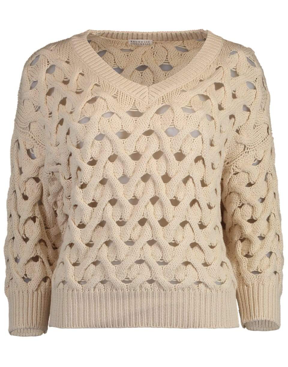 BRUNELLO CUCINELLI-Open Weave V-Neck Cropped Knit-