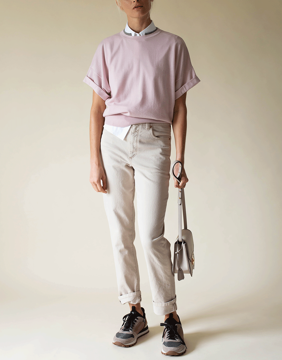 BRUNELLO CUCINELLI-Pink Short Sleeve Monili Collar Knit-