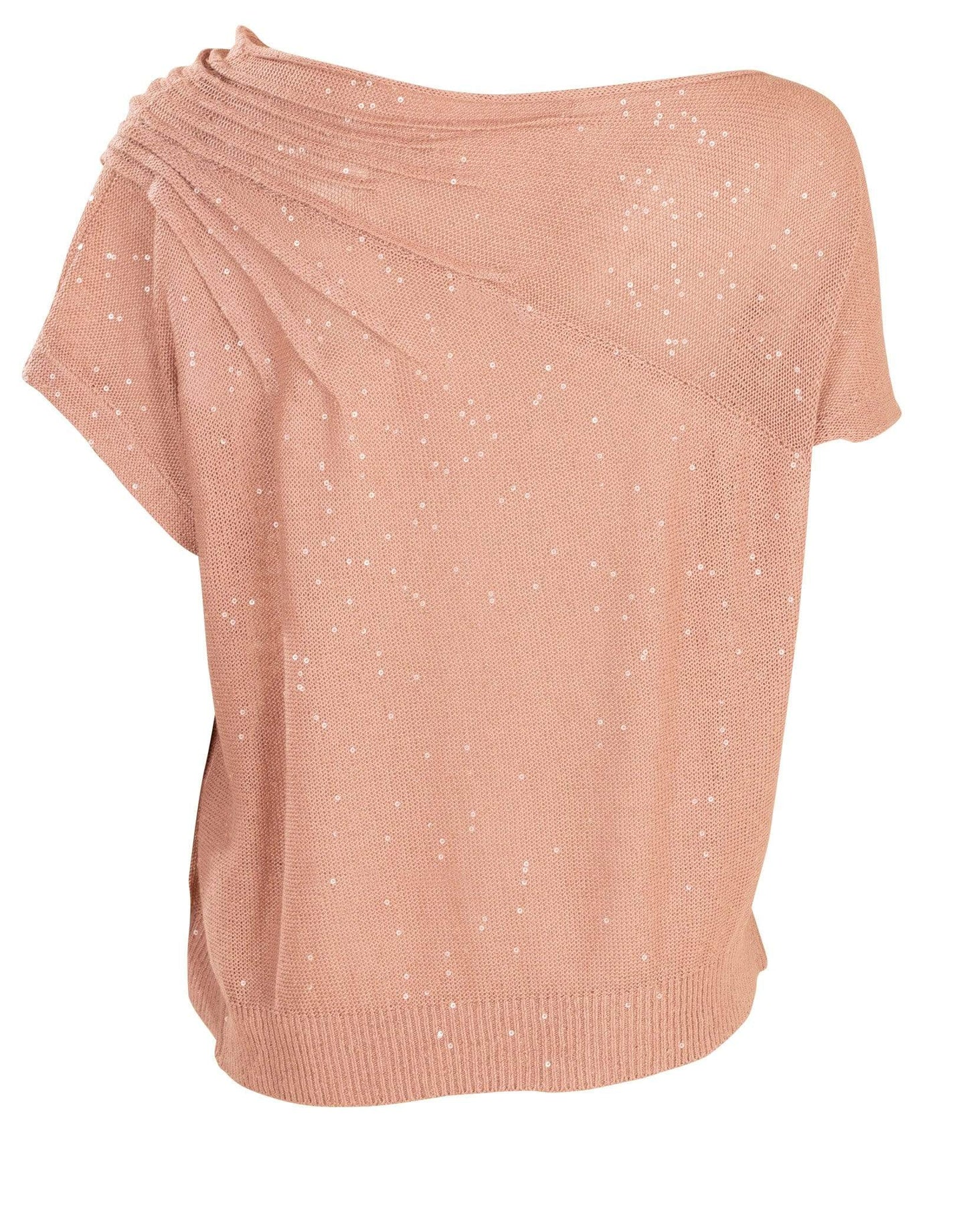 BRUNELLO CUCINELLI-Powder Pink Pailllette Ruched Off Shoulder Knit-