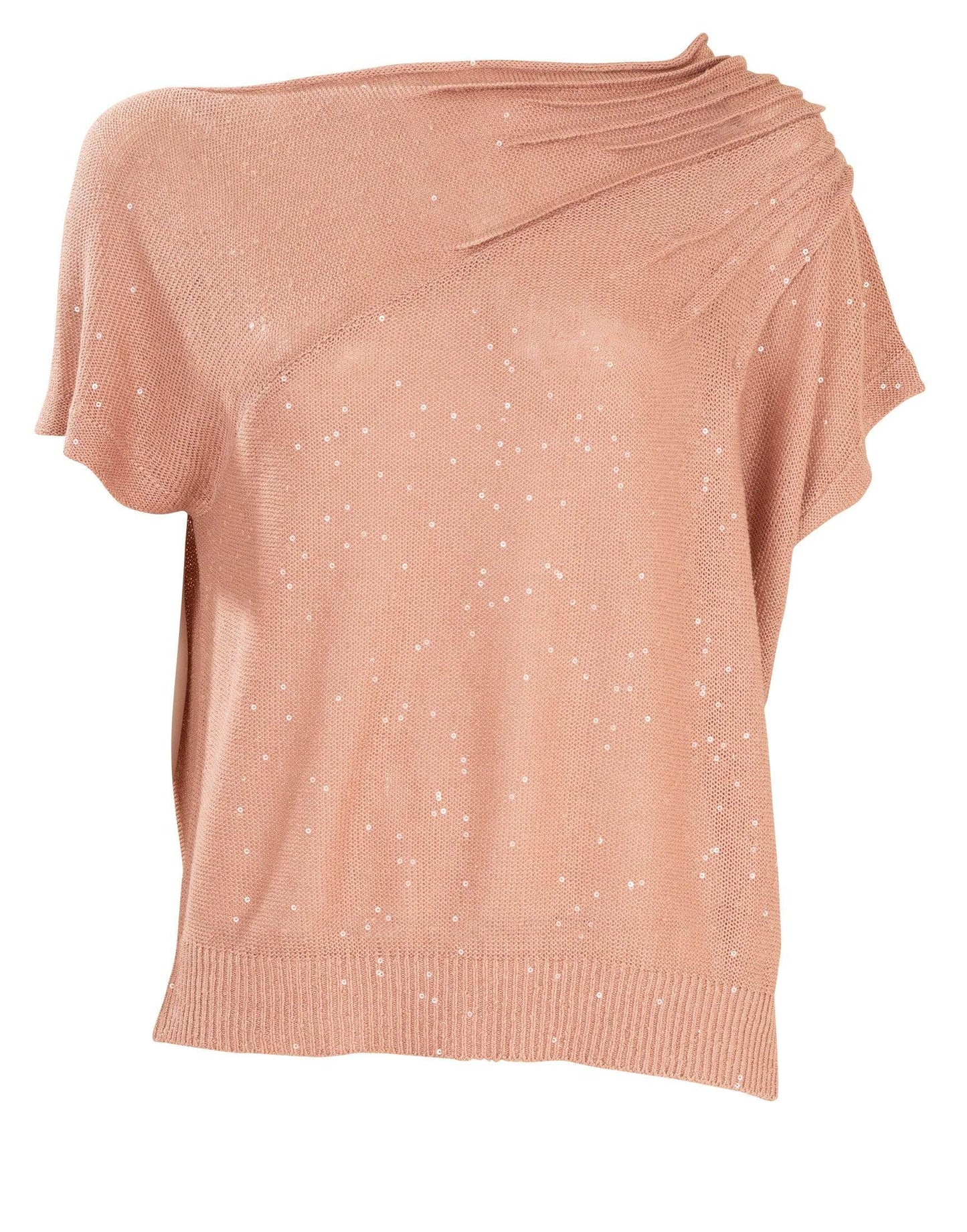 BRUNELLO CUCINELLI-Powder Pink Pailllette Ruched Off Shoulder Knit-