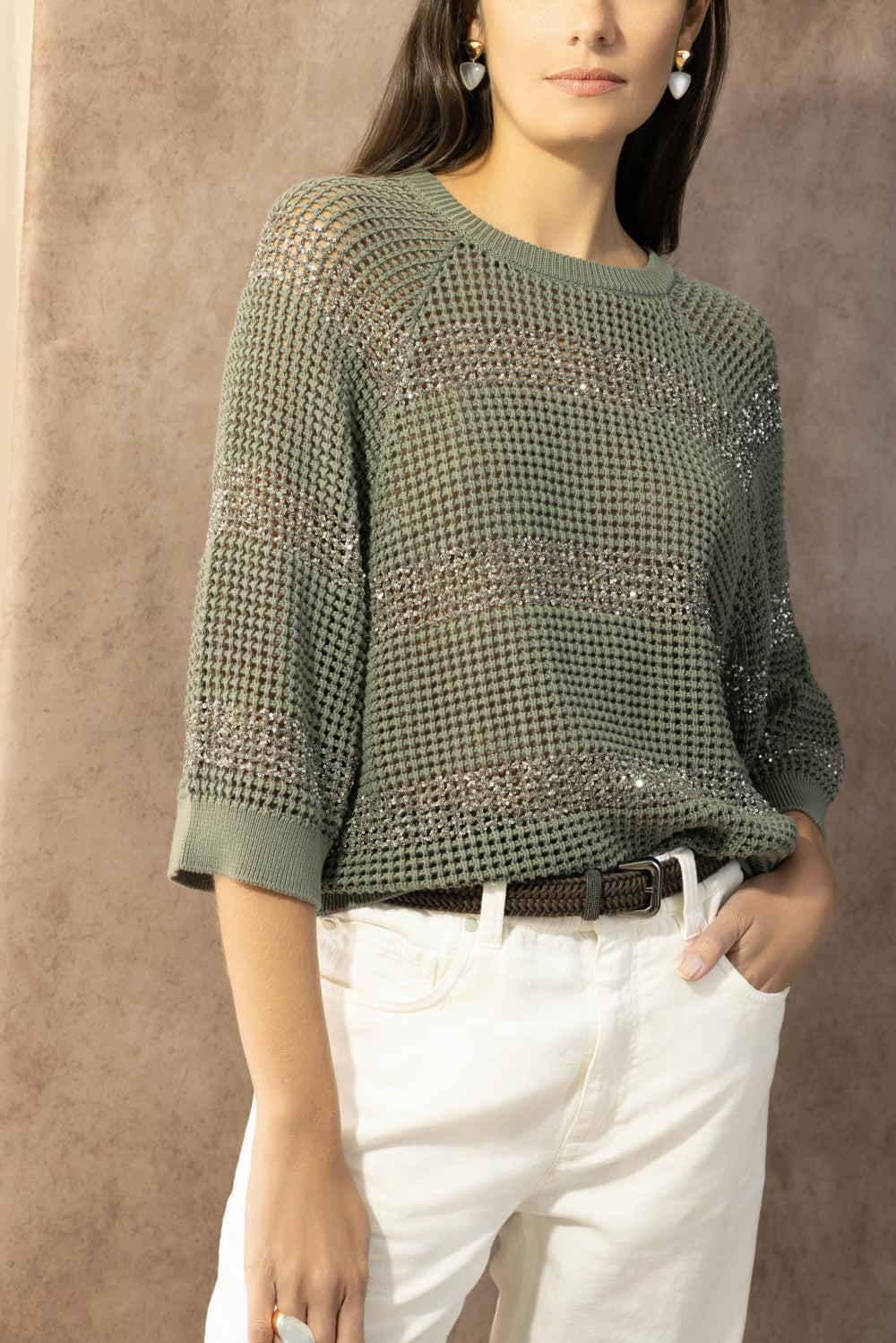Water Reflection Kimono Crewneck - Khaki Rosemary-STRIPE-XS-CLOTHINGTOPKNITS-BRUNELLO CUCINELLI