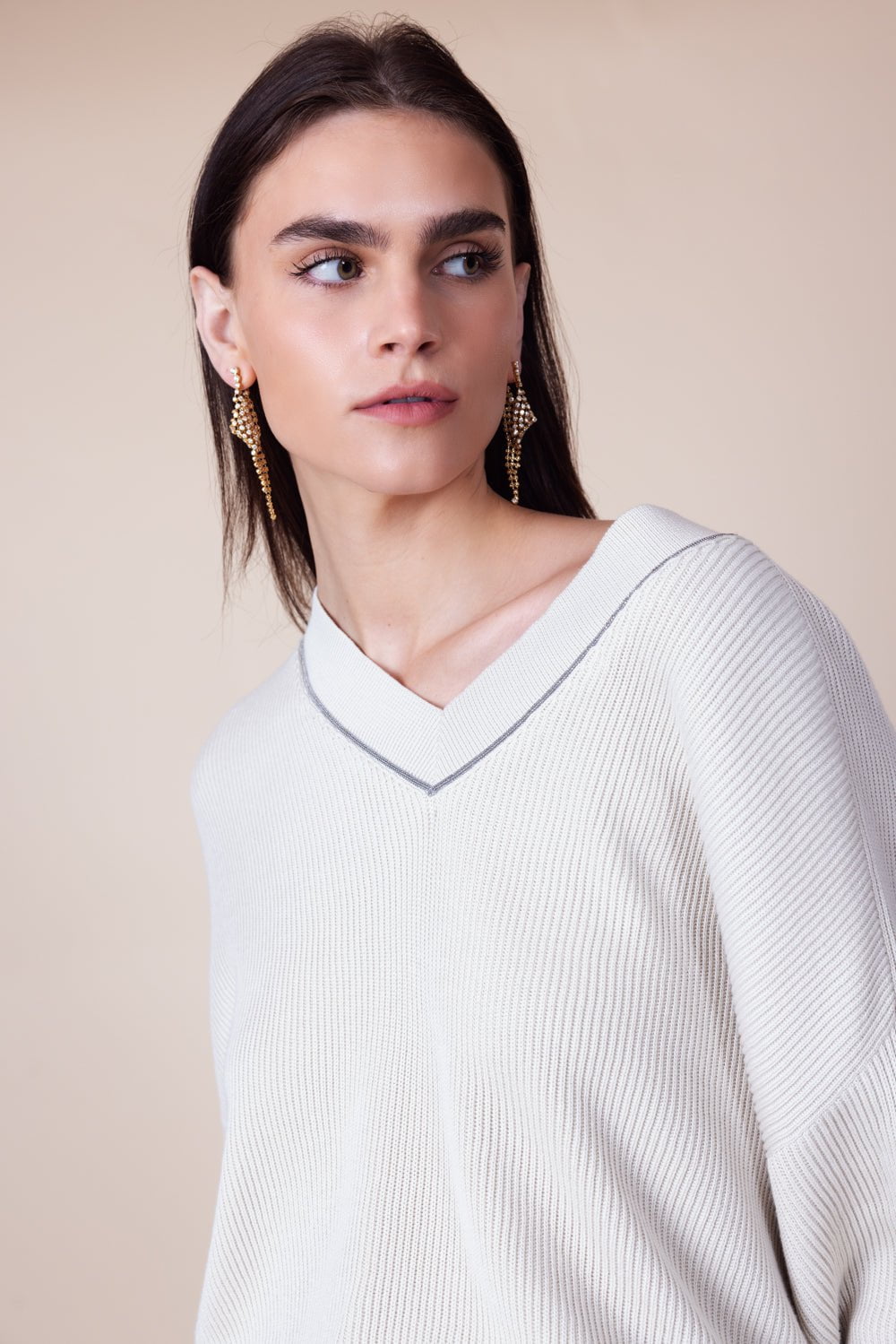 BRUNELLO CUCINELLI-Monili Trim Vneck Sweater-