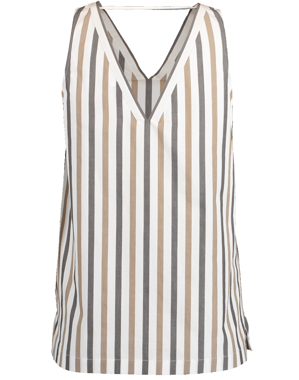 BRUNELLO CUCINELLI-Cotton Poplin Stripe V-Neck Top-