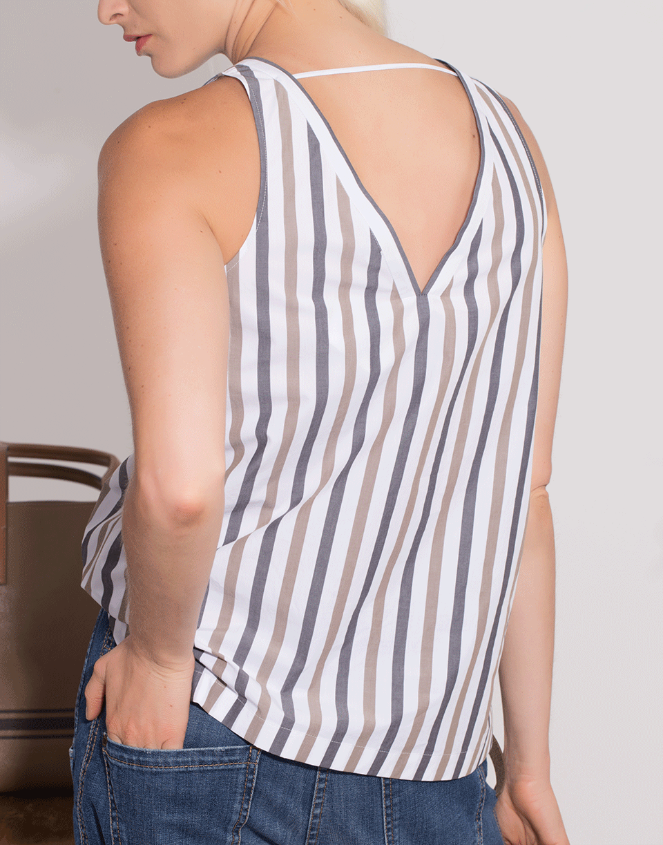 BRUNELLO CUCINELLI-Cotton Poplin Stripe V-Neck Top-