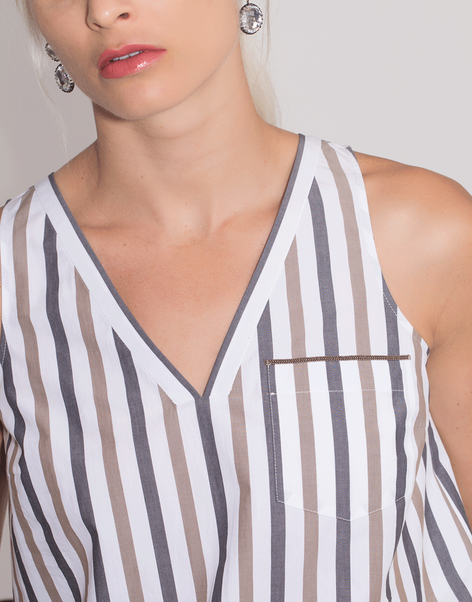 BRUNELLO CUCINELLI-Cotton Poplin Stripe V-Neck Top-