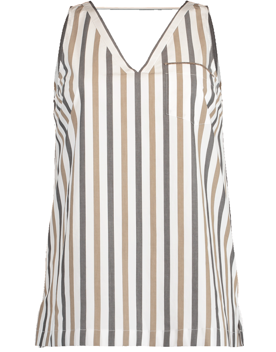 BRUNELLO CUCINELLI-Cotton Poplin Stripe V-Neck Top-