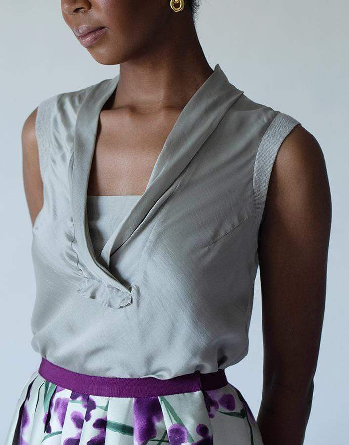 BRUNELLO CUCINELLI-Sleeveless Silk and Jersey Drape Neck Top-GRAY