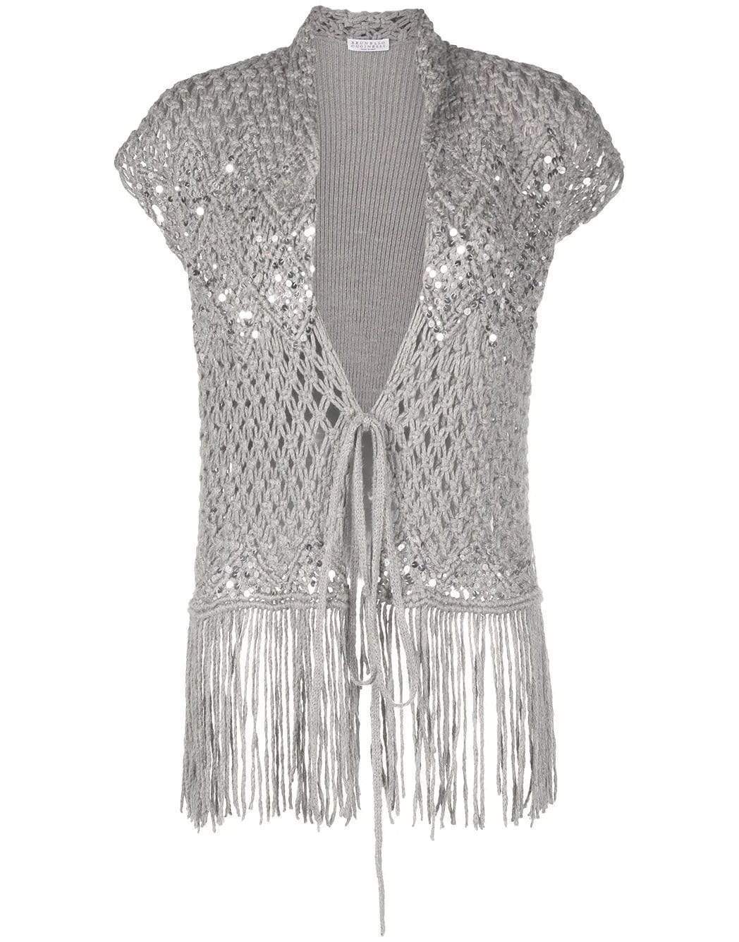 BRUNELLO CUCINELLI-Sequin-Embellished Crochet Knit Pailette Vest-