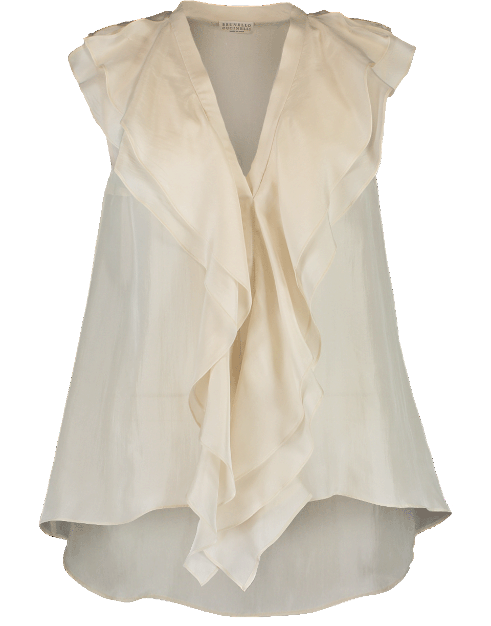BRUNELLO CUCINELLI-Sleeveless V-Neck Ruffle Top-