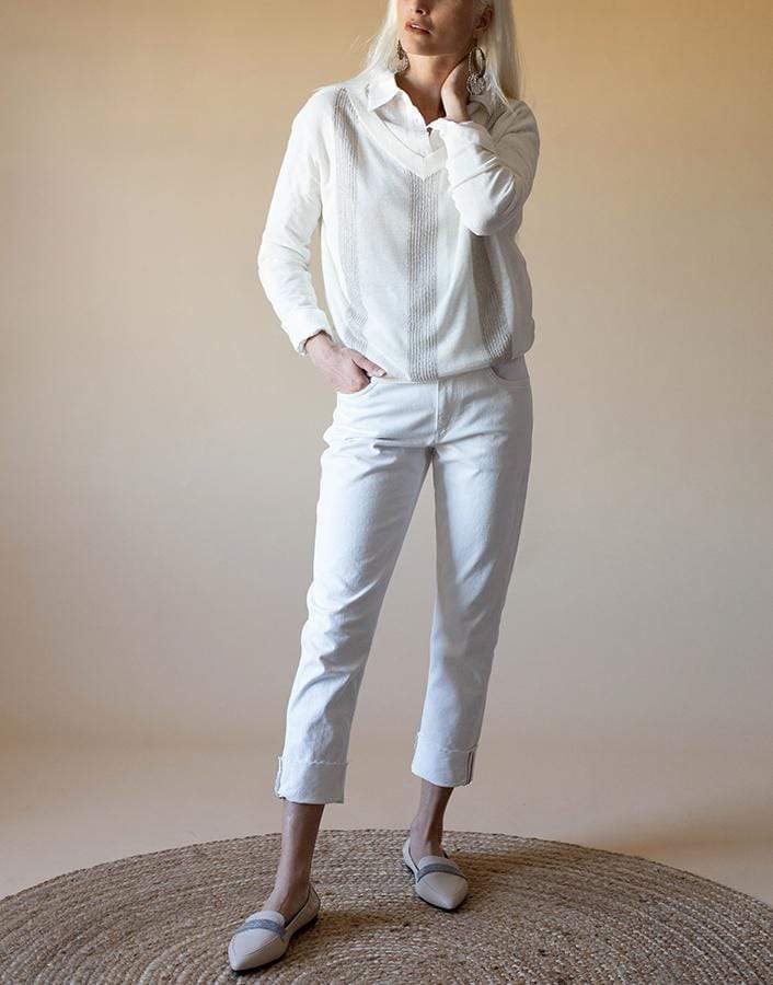 BRUNELLO CUCINELLI-Monili Stripe V-Neck Linen Jumper-