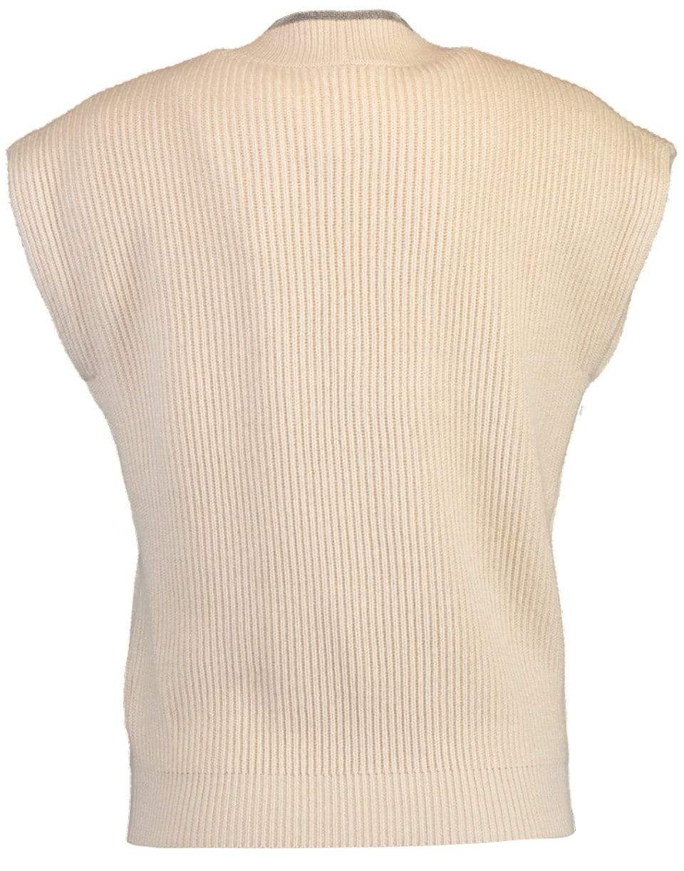 BRUNELLO CUCINELLI-Monili Trim V-Neck Cap Sleeve Lurex Ribbed Knit Top-