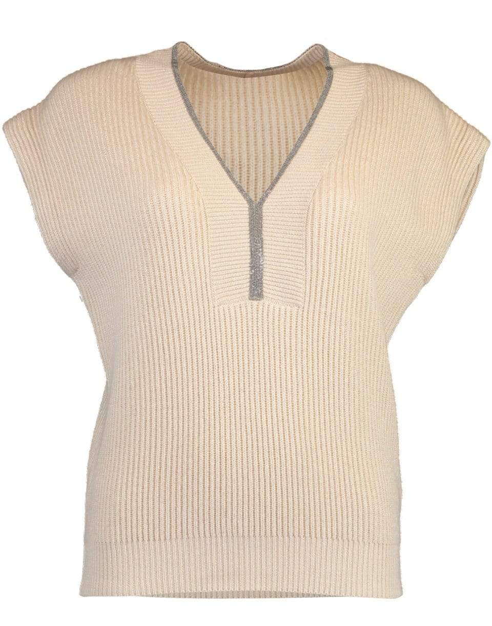 BRUNELLO CUCINELLI-Monili Trim V-Neck Cap Sleeve Lurex Ribbed Knit Top-