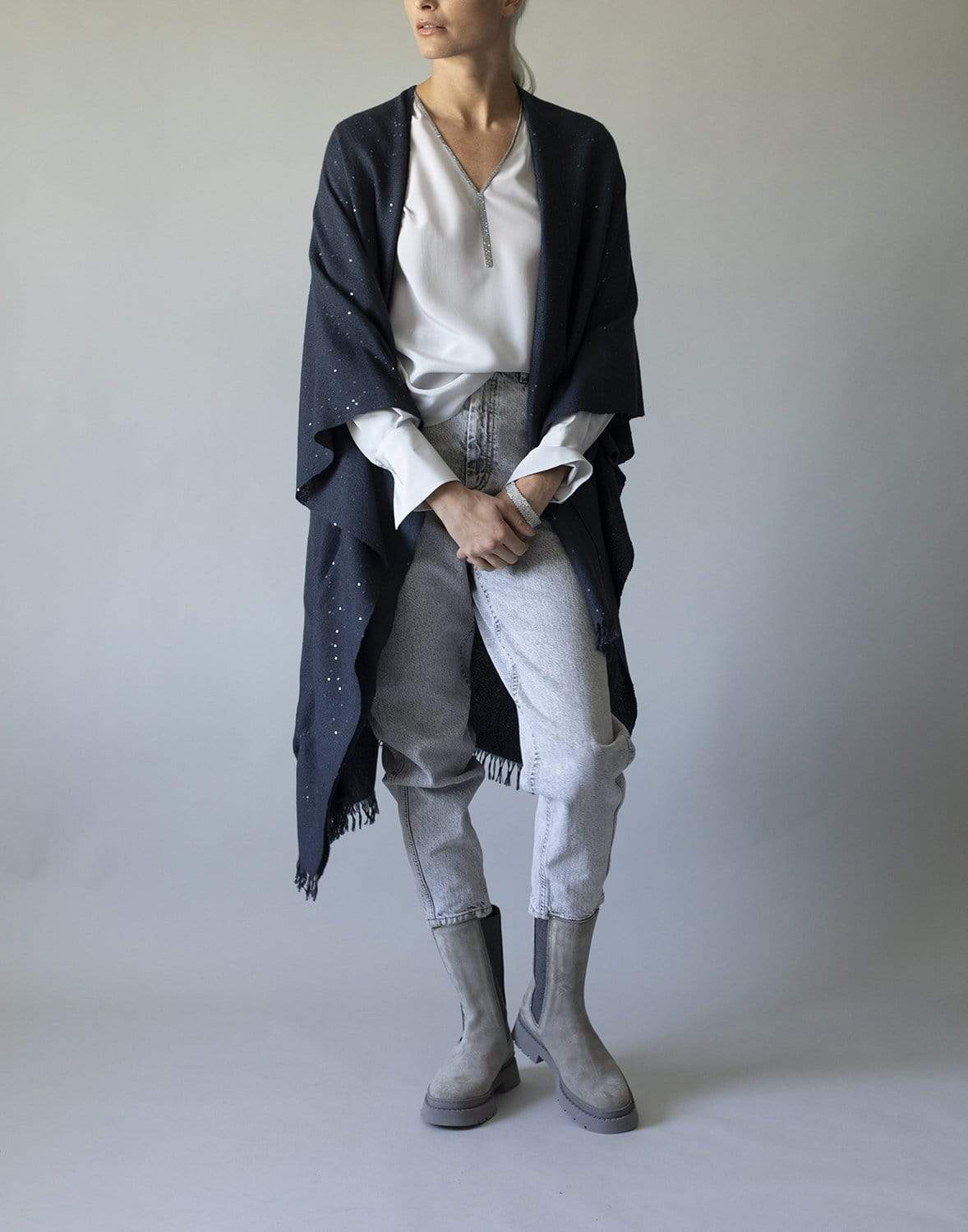 BRUNELLO CUCINELLI-Cashmere and Silk Poncho - Midnight-BLUFREDO