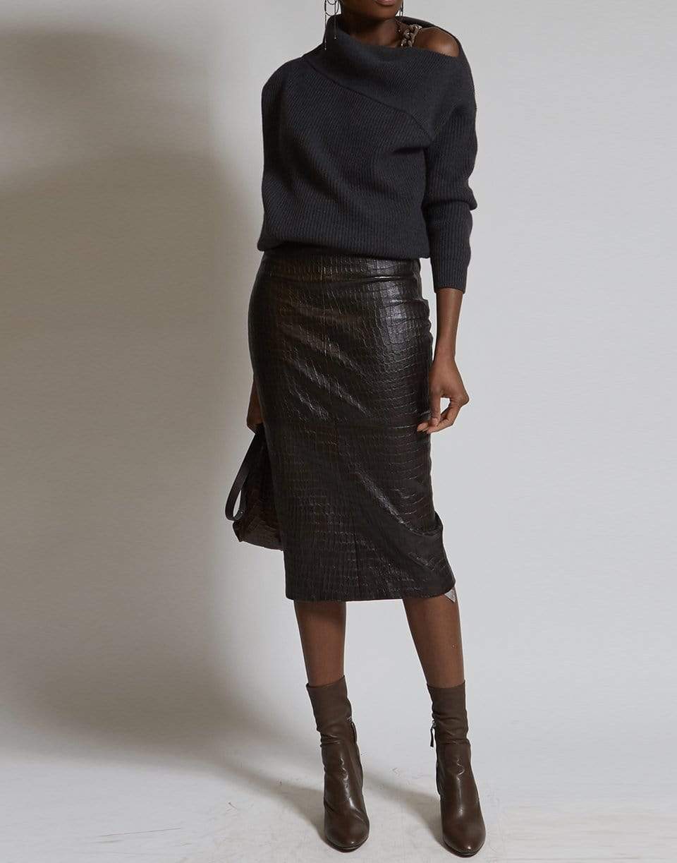 BRUNELLO CUCINELLI-Black Stone Cashmere Ribbed Off the Shoulder Monili Knit Sweater-