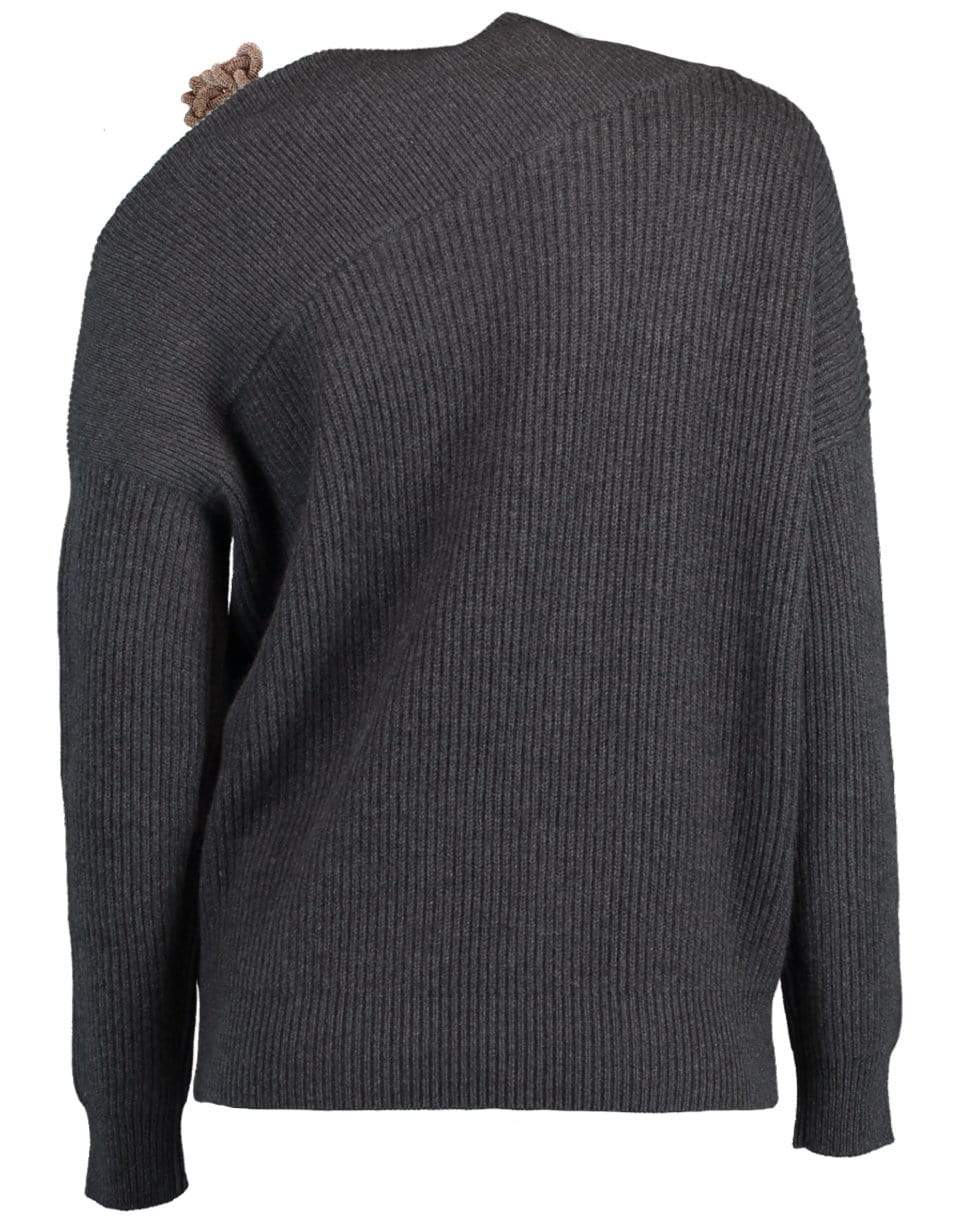 BRUNELLO CUCINELLI-Black Stone Cashmere Ribbed Off the Shoulder Monili Knit Sweater-