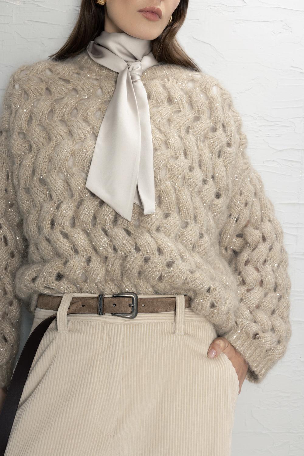 Dazzling Zigzag Cable Sweater-BROWN-XS-CLOTHINGTOPSWEATER-BRUNELLO CUCINELLI