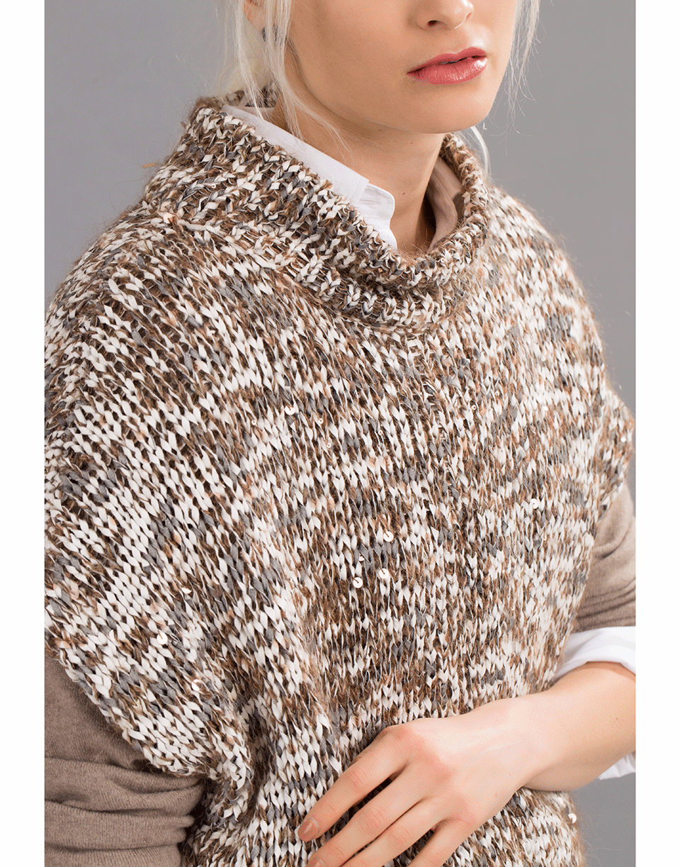 BRUNELLO CUCINELLI-Dry Cotton Pailette Fringe Poncho-DESERT