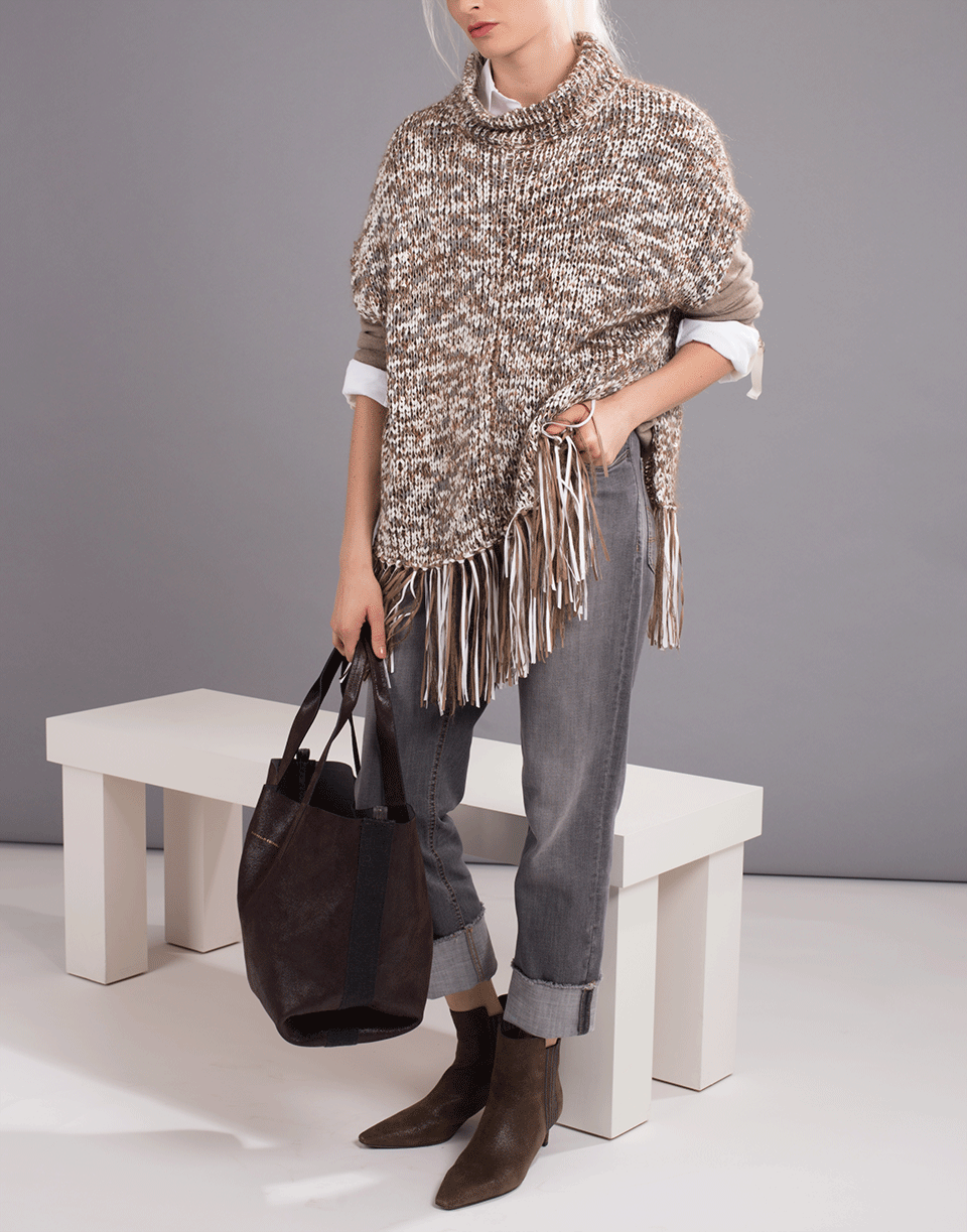 BRUNELLO CUCINELLI-Cotton Fringe Turtleneck Poncho-