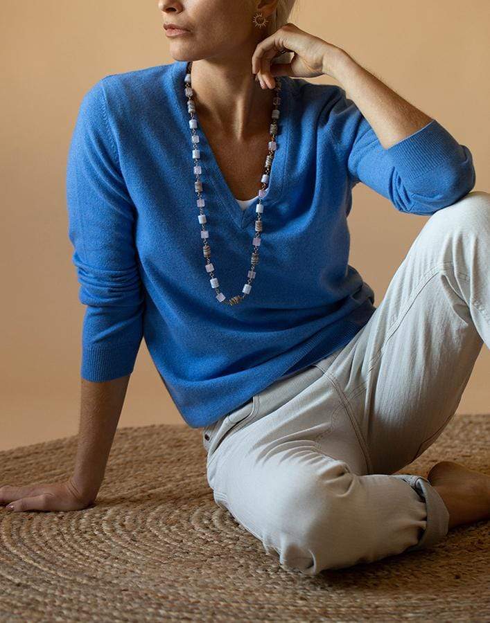 BRUNELLO CUCINELLI-Ocean Blue Cashmere V-Neck Sweater-