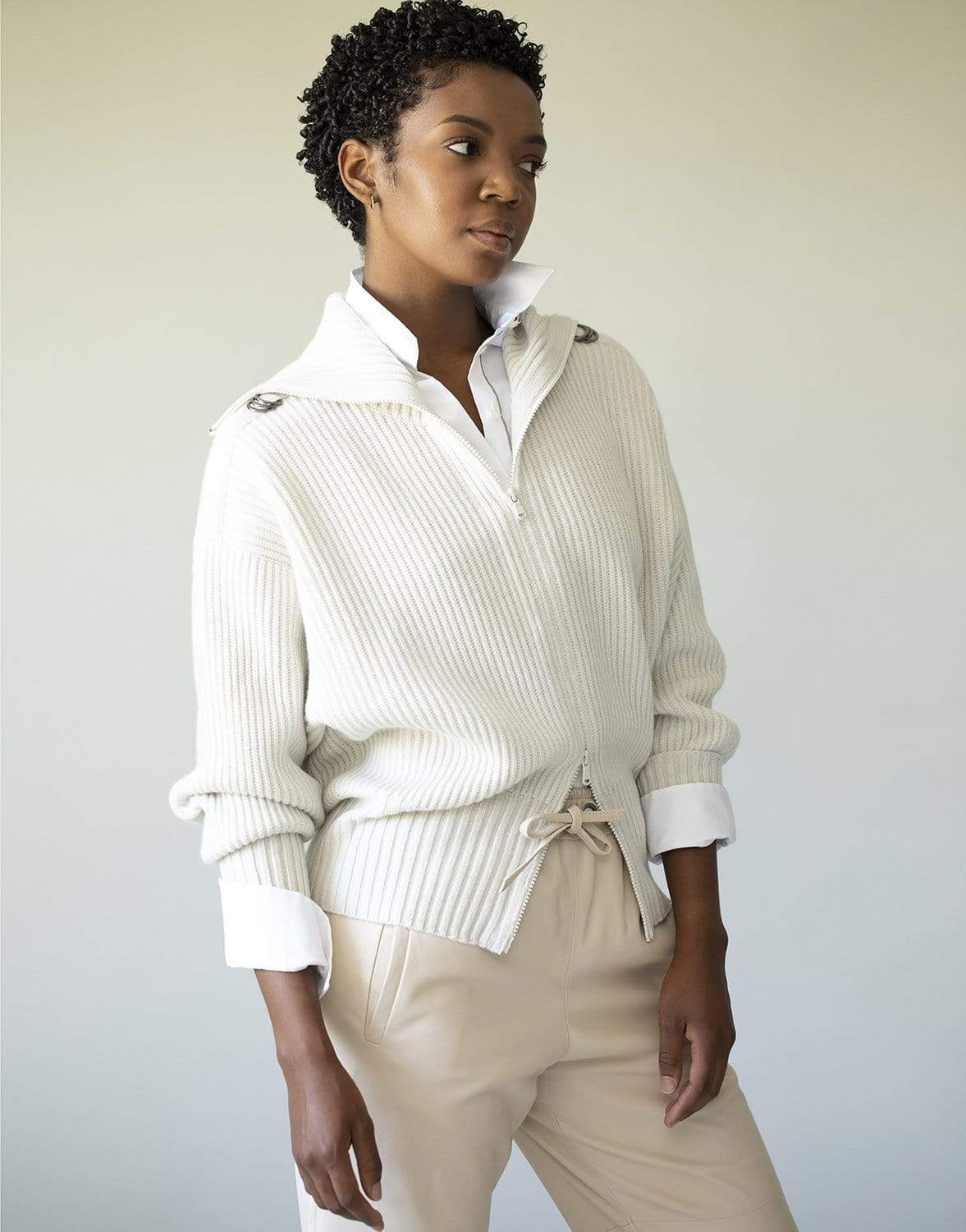 BRUNELLO CUCINELLI-Cashmere D-Ring Ribbed Front Zip Sweater-