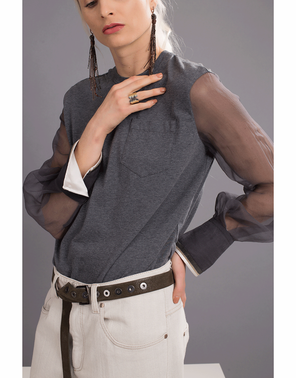 BRUNELLO CUCINELLI-Organza Sleeve Jersey Crewneck-
