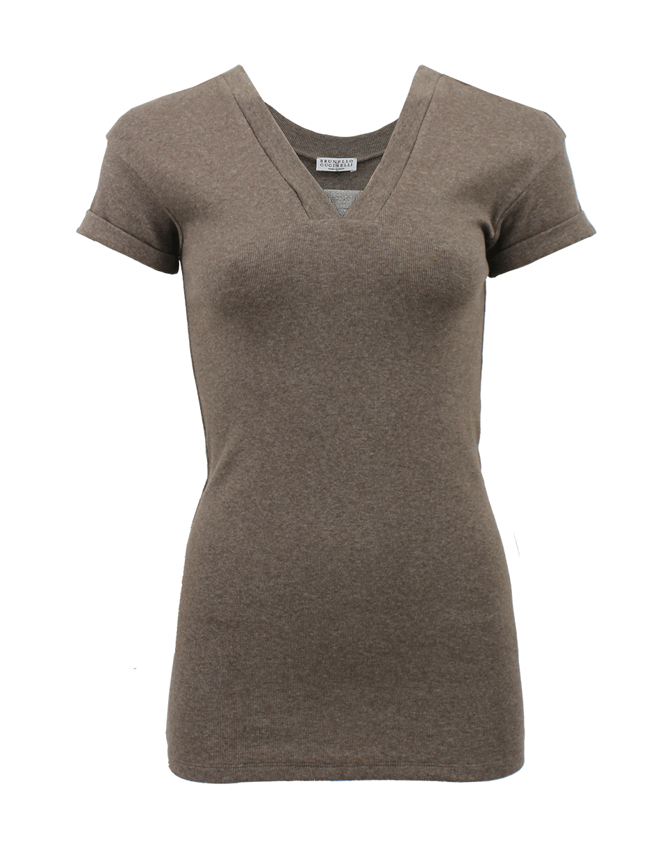 BRUNELLO CUCINELLI-Short Sleeve Ribbed Monili Collar Tee-