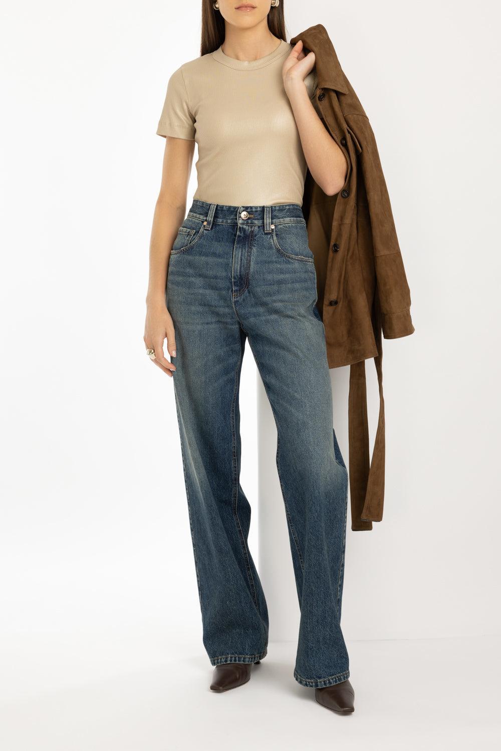 Foiled Ribbed T-Shirt-GOLD-XS-CLOTHINGTOPT-SHIRT-BRUNELLO CUCINELLI