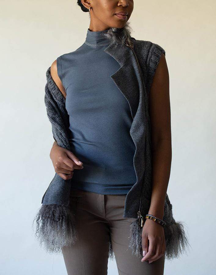 BRUNELLO CUCINELLI-Sleeveless Ribbed Mock Neck Tank with Monili-GRAY