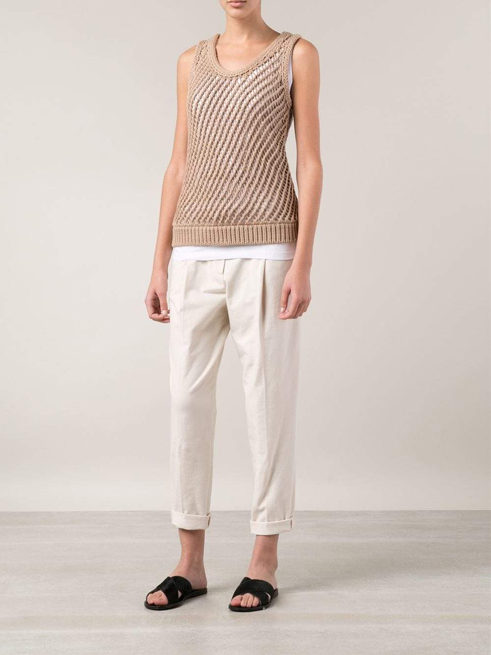 BRUNELLO CUCINELLI-Scoop Neck Macrame Fitted Tank-