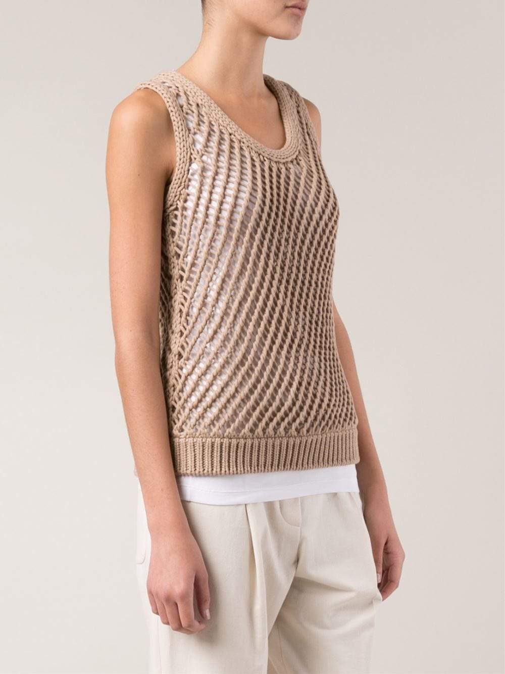 BRUNELLO CUCINELLI-Scoop Neck Macrame Fitted Tank-