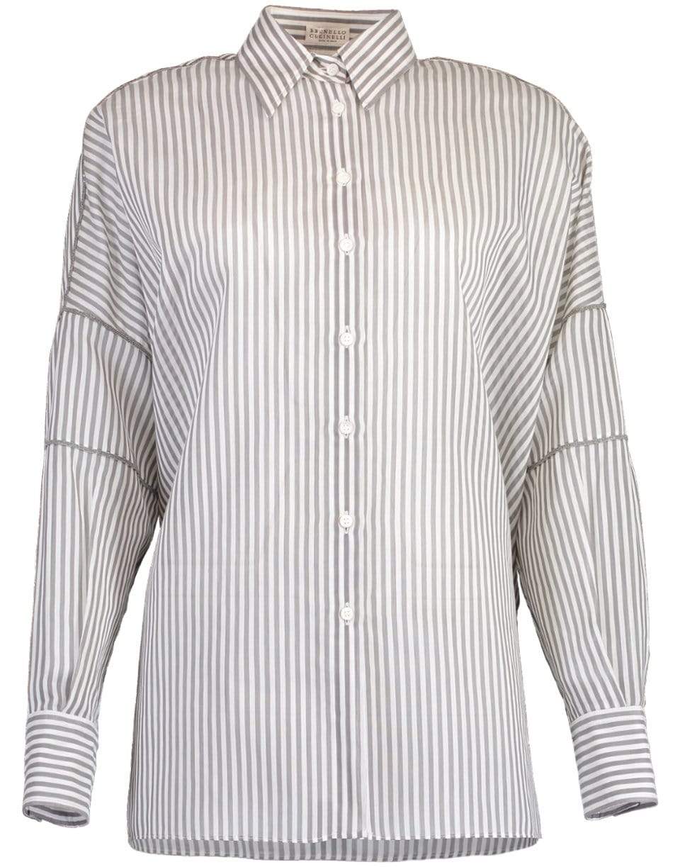 BRUNELLO CUCINELLI-Monili Trim Pinstripe Tunic Shirt-