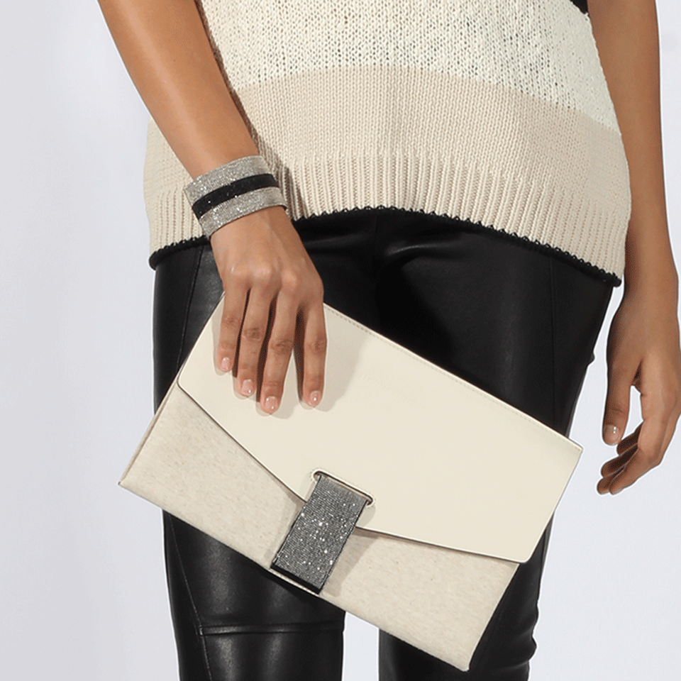 BRUNELLO CUCINELLI-Leather Mixed Media Clutch-BUTTER
