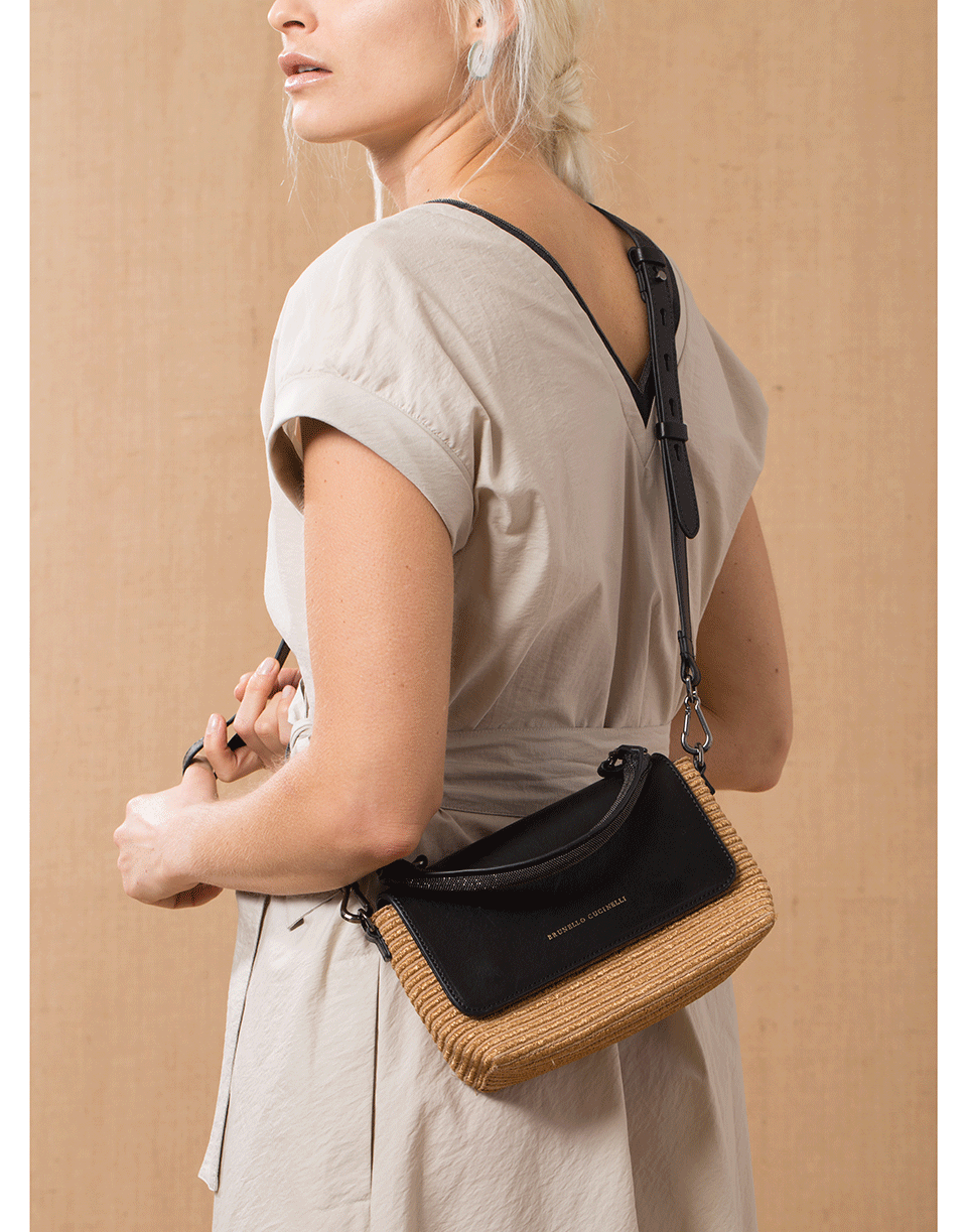 BRUNELLO CUCINELLI-Leather and Raffia Mini Flap Crossbody Bag-BROWN