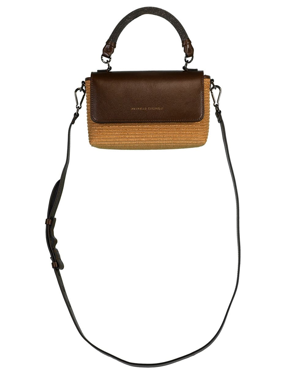 BRUNELLO CUCINELLI-Leather and Raffia Mini Flap Crossbody Bag-BROWN