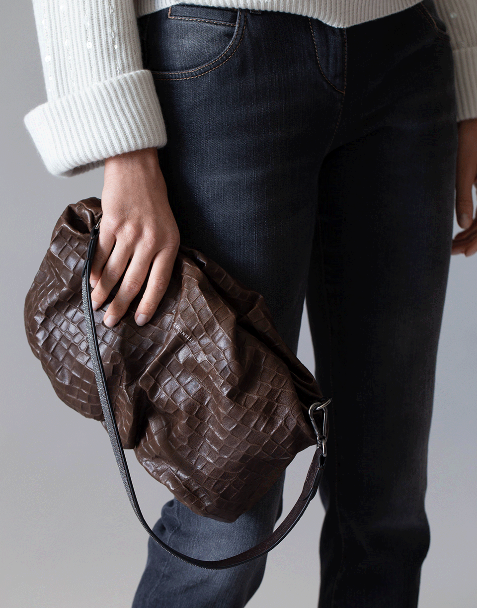 BRUNELLO CUCINELLI-Chocolate Soft Embossed Croc Baguette Pouchette-CHOCOLAT