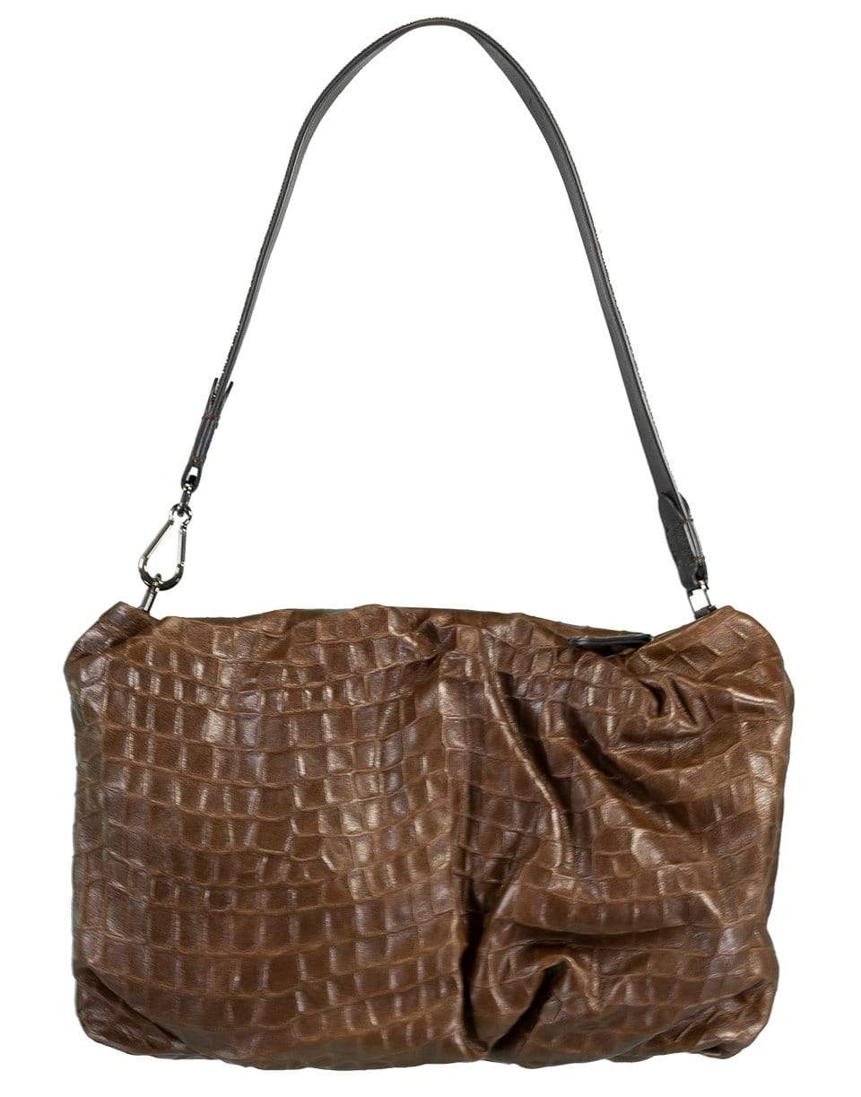 BRUNELLO CUCINELLI-Chocolate Soft Embossed Croc Baguette Pouchette-CHOCOLAT