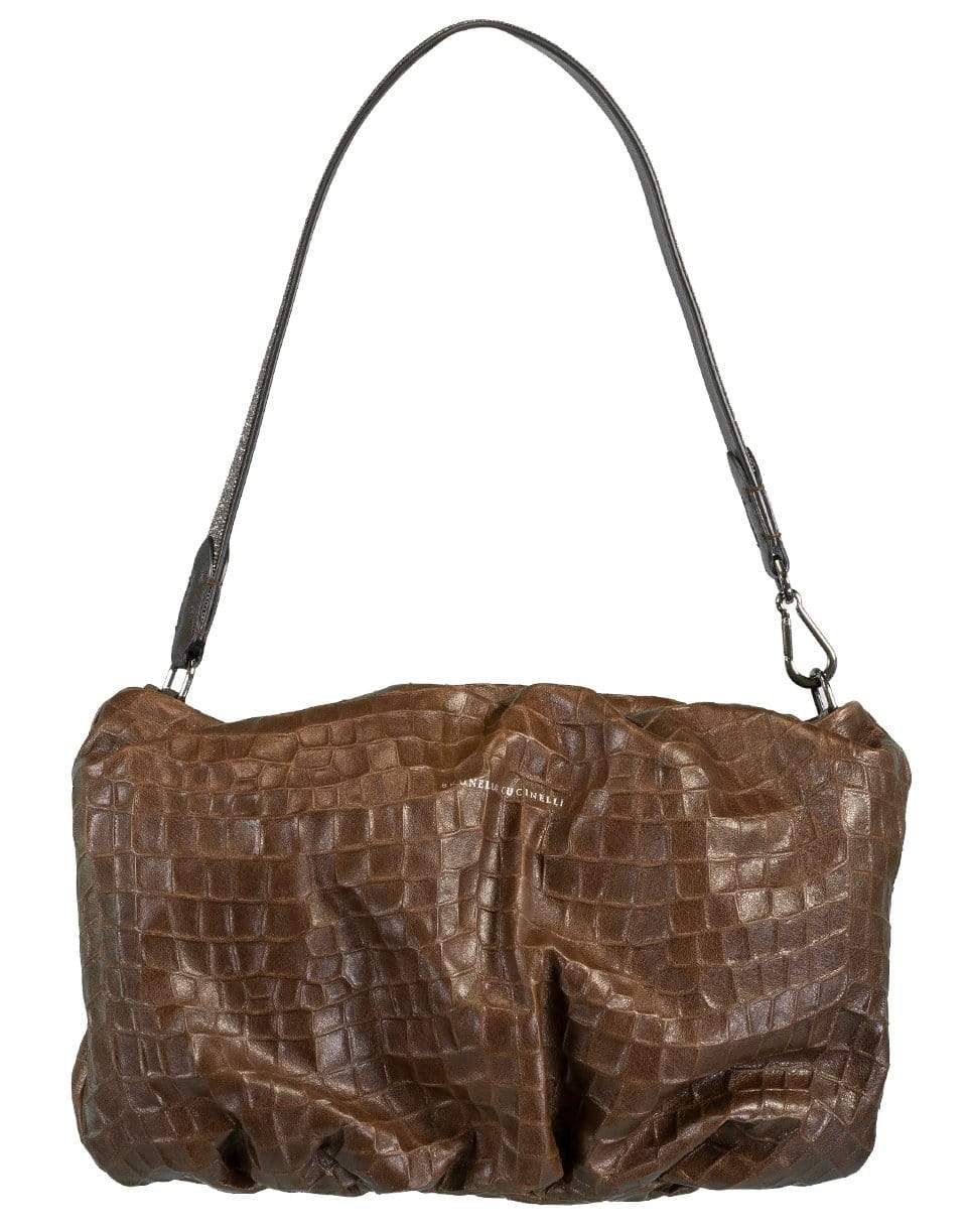 BRUNELLO CUCINELLI-Chocolate Soft Embossed Croc Baguette Pouchette-CHOCOLAT