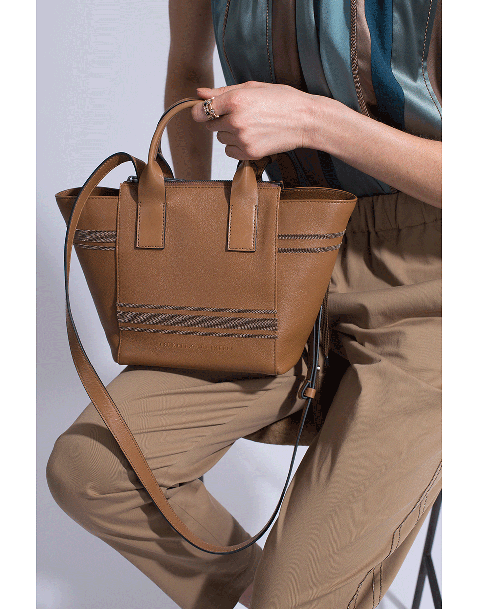 BRUNELLO CUCINELLI-Glossy Nappa Monili Handbag-COGNAC