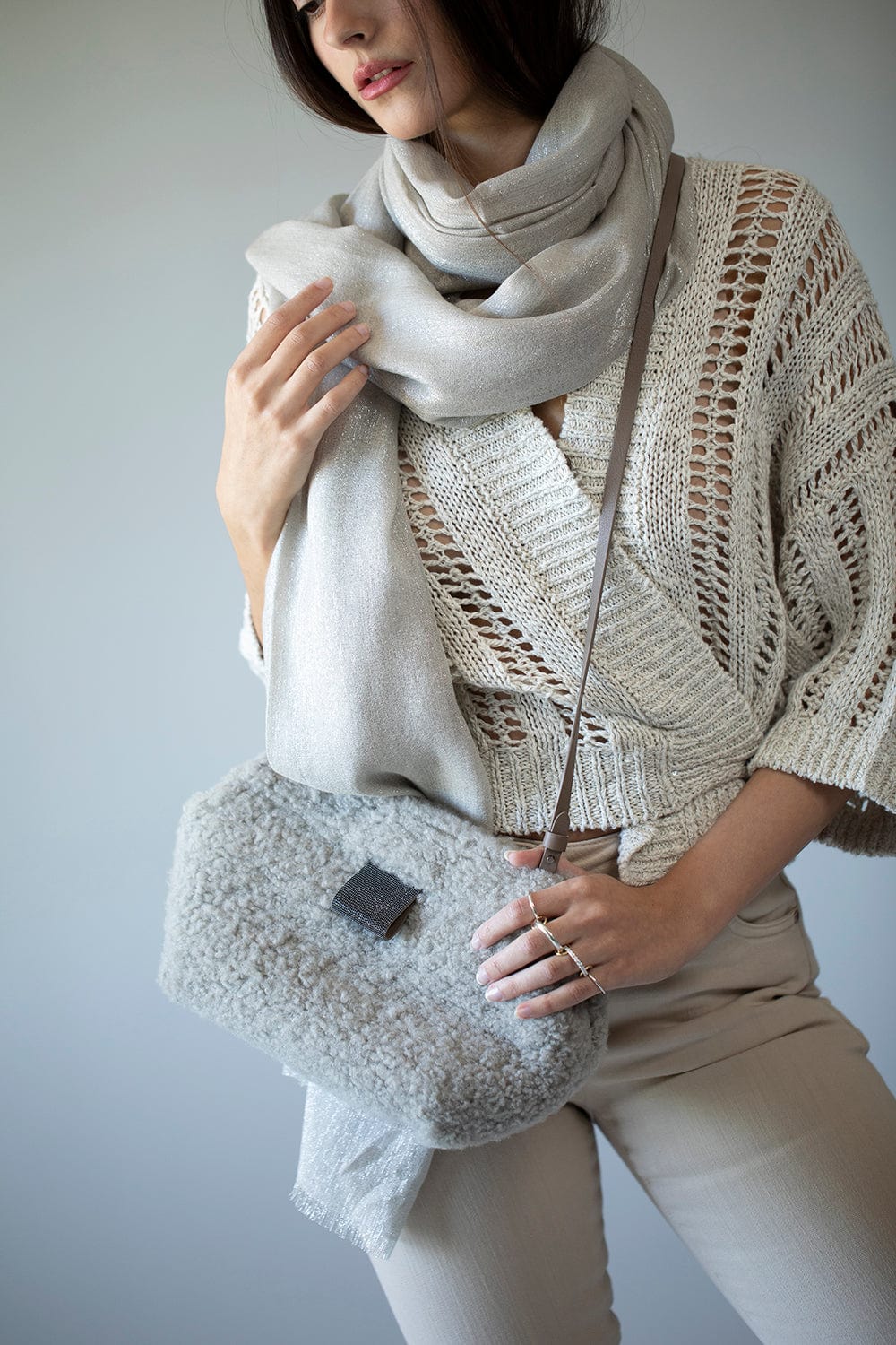 BRUNELLO CUCINELLI-Shearling Bag With Monili Tab-GREY