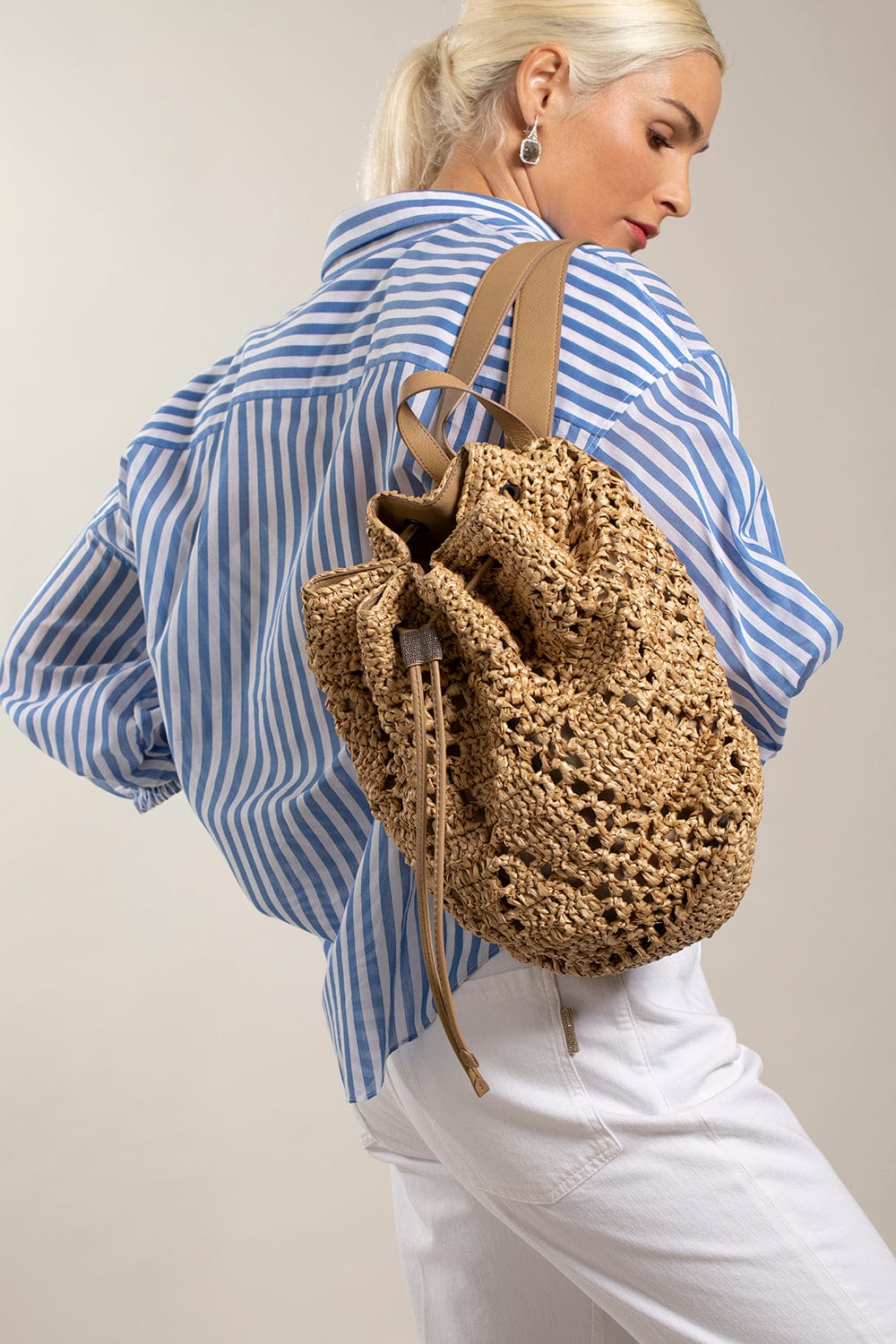 BRUNELLO CUCINELLI-Raffia Drawstring Backpack-NATURAL