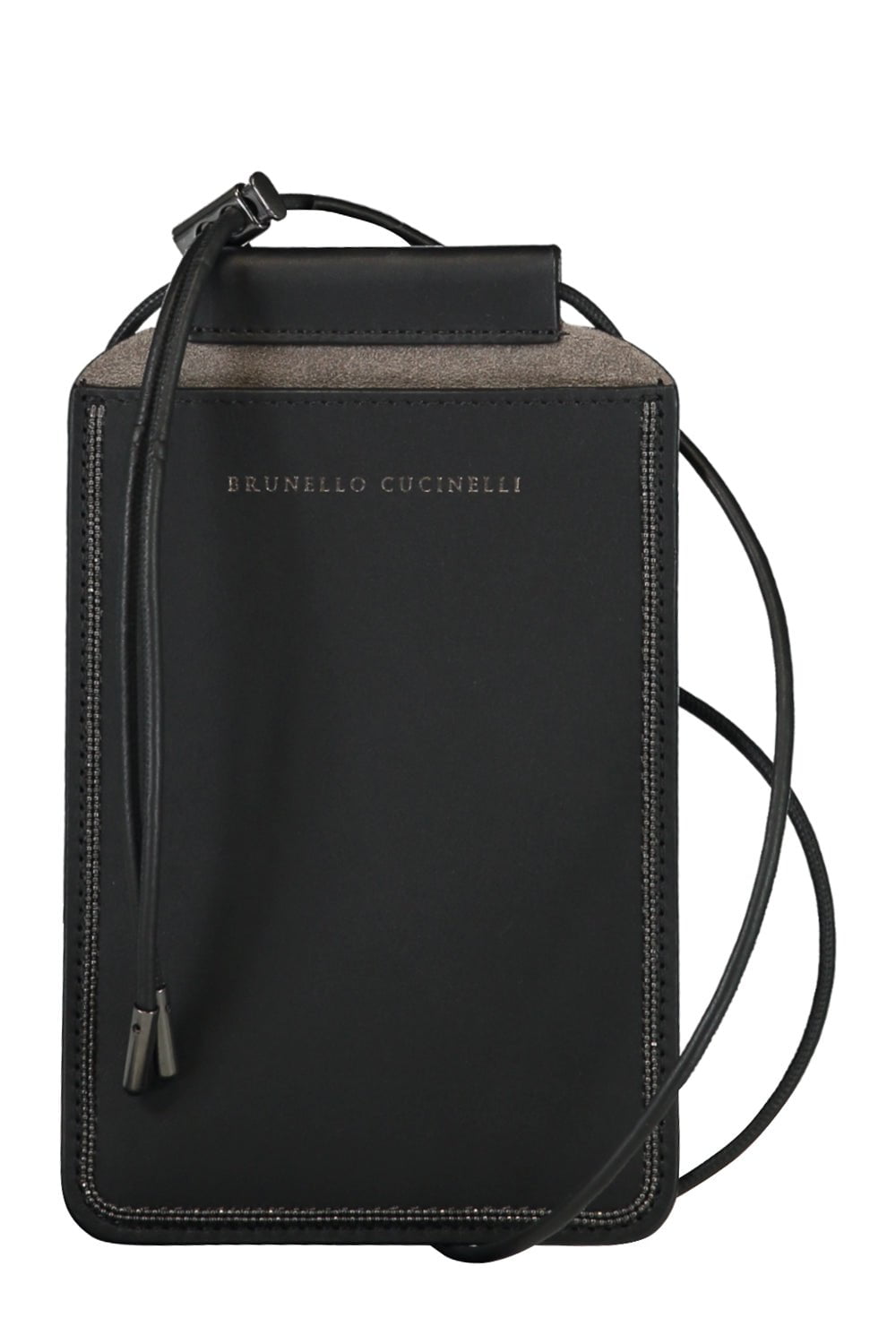 BRUNELLO CUCINELLI-Beaded Trim Leather Phone Bag-NERO