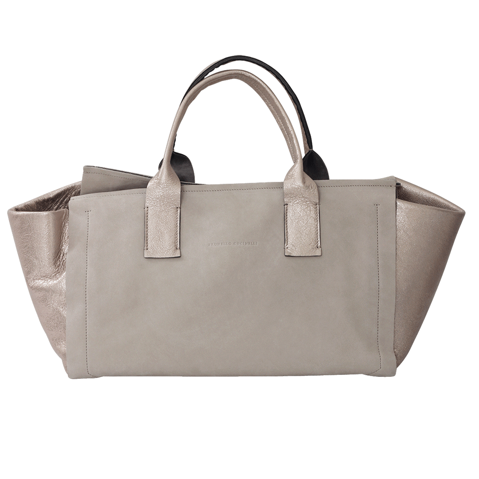 BRUNELLO CUCINELLI-Leather Metallic Top Zip Bag-TAUPE