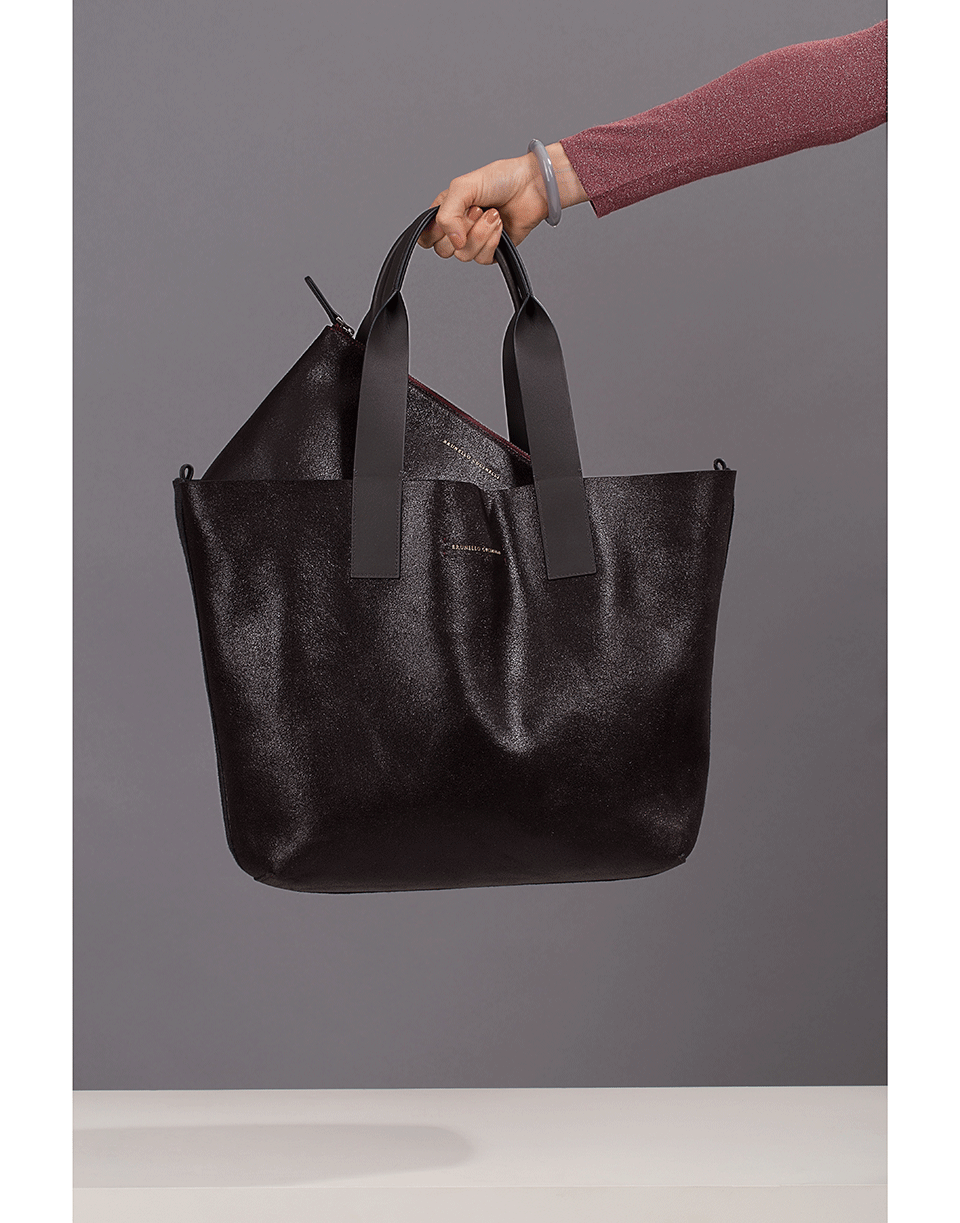 BRUNELLO CUCINELLI-Reversible Leather Tote Bag-CHAR/PRP